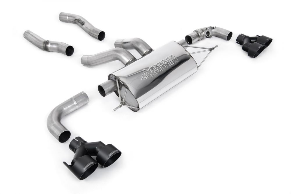 Milltek Sport exhaust system parts for 2022+ BMW 2 Series M240i Coupé (part SSXBM1221): pipework, silencers and black tailpipe tips