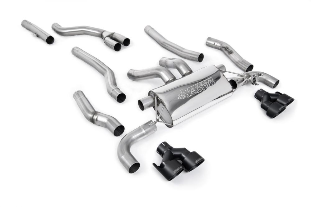 Milltek Sport exhaust system parts for 2022+ BMW 2 Series M240i Coupé (part SSXBM1252): pipework, silencers and black tailpipe tips