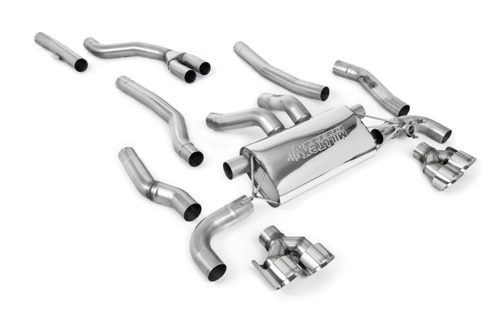 Milltek Sport exhaust system parts for 2022+ BMW 2 Series M240i Coupé (part SSXBM1253): pipework, silencers and black tailpipe tips