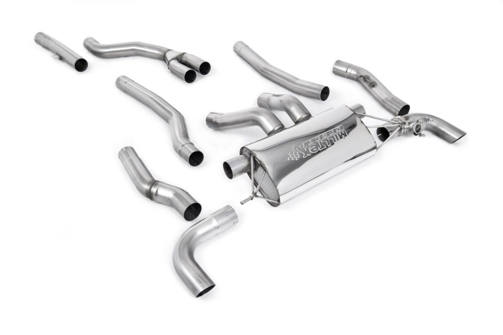 Milltek Sport exhaust system parts for 2022+ BMW 2 Series M240i Coupé (part SSXBM1254): pipework, silencers and polished silver tailpipe tips