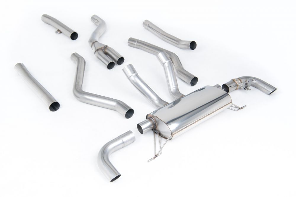 Milltek Sport exhaust system parts for 2021+ BMW 4 Series G22 M440i Coupe (part SSXBM1272): pipework, silencers and polished silver tailpipe tips