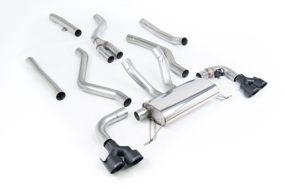 Milltek Sport exhaust system parts for 2021+ BMW 4 Series G22 M440i Coupe (part SSXBM1274): pipework, silencers and polished silver tailpipe tips