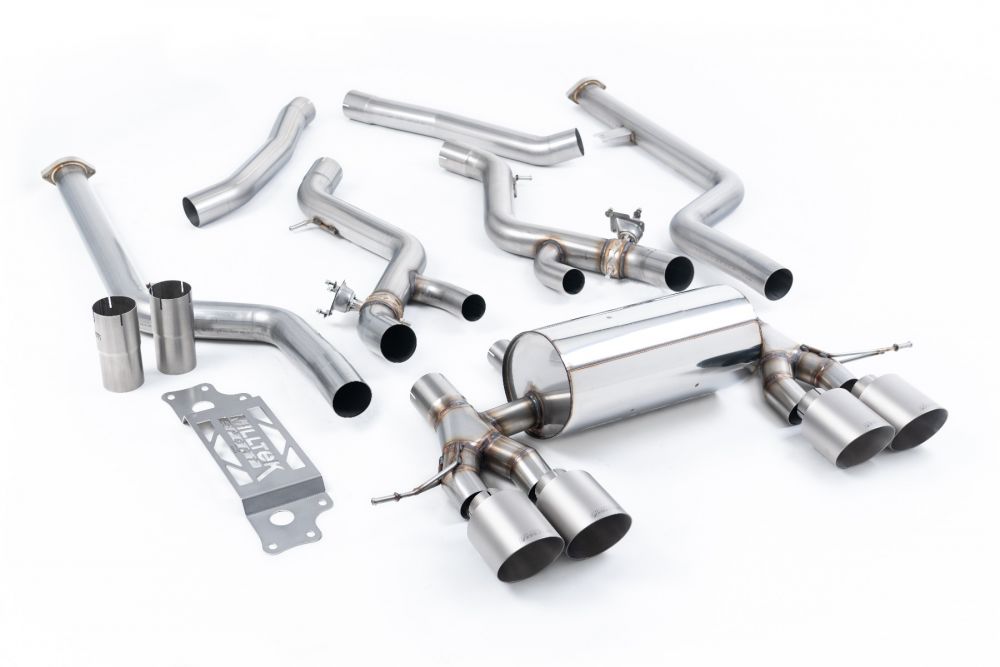 Milltek Sport exhaust system parts for 2023+ BMW 2 Series M2 Coupe (part SSXBM1308): pipework, silencers and black tailpipe tips