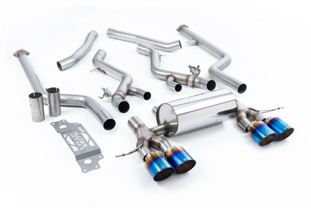 Milltek Sport exhaust system parts for 2023+ BMW 2 Series M2 Coupe (part SSXBM1309): pipework, silencers and burnt titanium blue tailpipe tips
