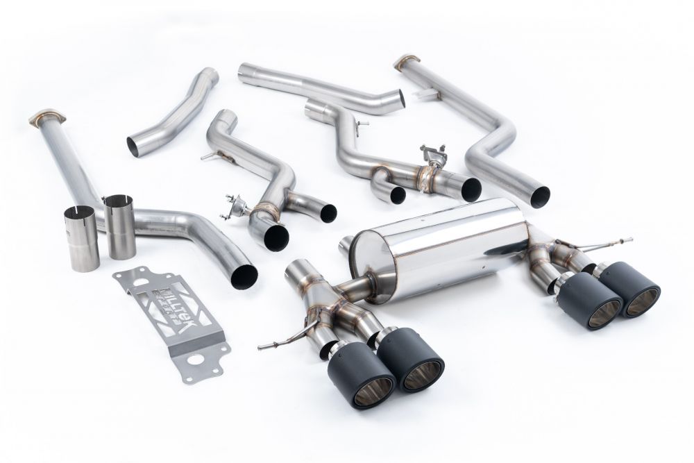 Milltek Sport exhaust system parts for 2023+ BMW 2 Series M2 Coupe (part SSXBM1310): pipework, silencers and black tailpipe tips
