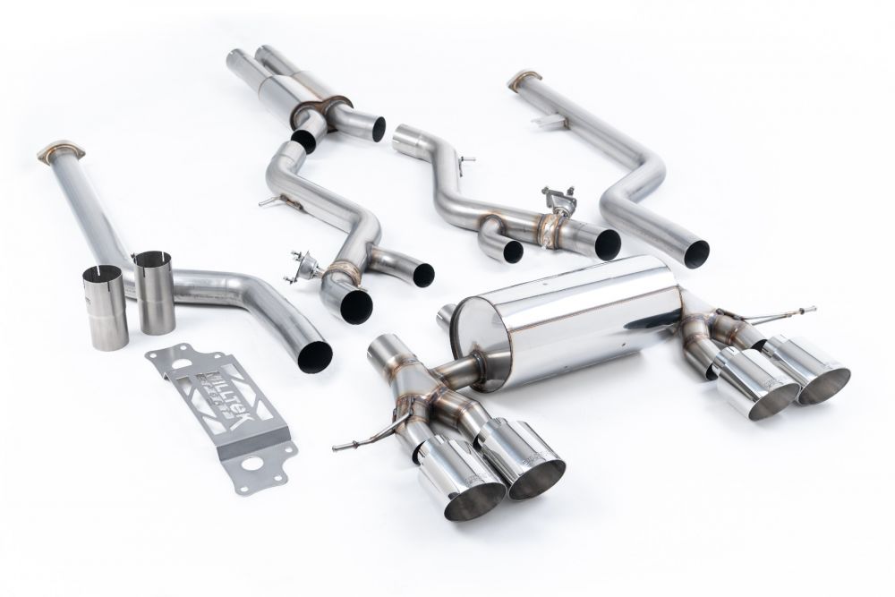 Milltek Sport exhaust system parts for 2023+ BMW 2 Series M2 Coupe (part SSXBM1311): pipework, silencers and black tailpipe tips
