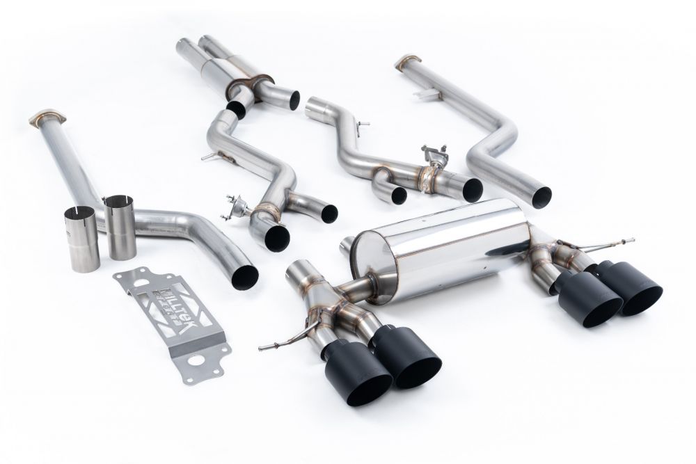 Milltek Sport exhaust system parts for 2023+ BMW 2 Series M2 Coupe (part SSXBM1312): pipework, silencers and black tailpipe tips