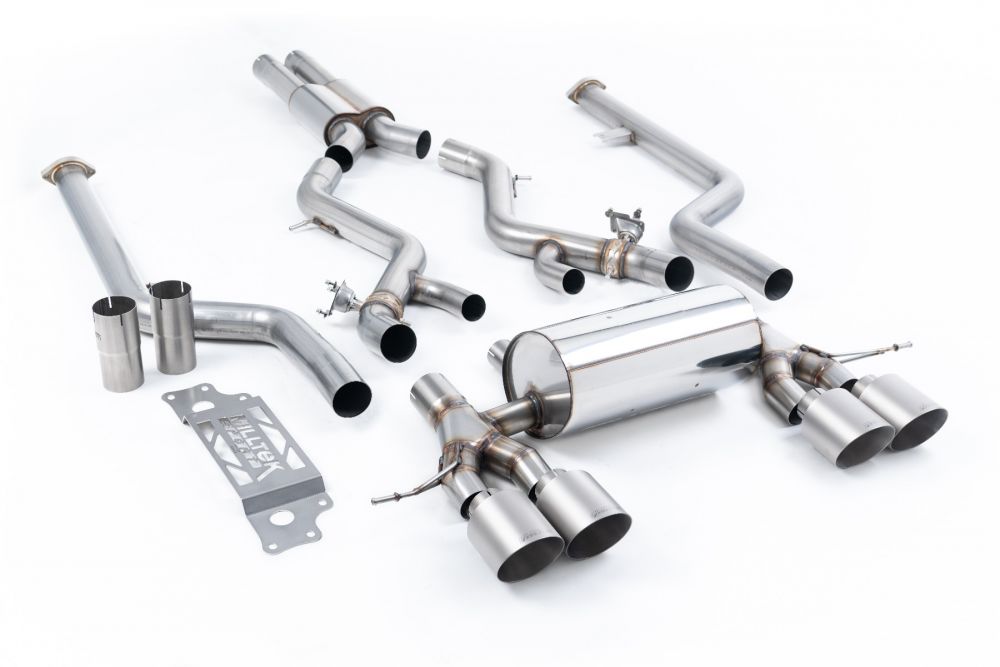 Milltek Sport exhaust system parts for 2023+ BMW 2 Series M2 Coupe (part SSXBM1313): pipework, silencers and black tailpipe tips