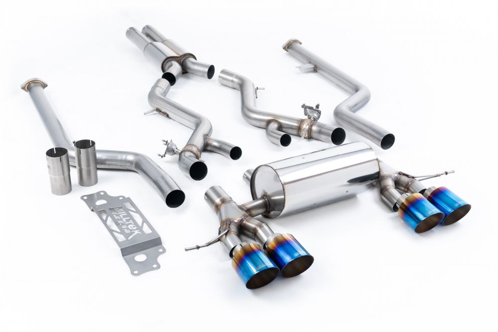 Milltek Sport exhaust system parts for 2023+ BMW 2 Series M2 Coupe (part SSXBM1314): pipework, silencers and burnt titanium blue tailpipe tips