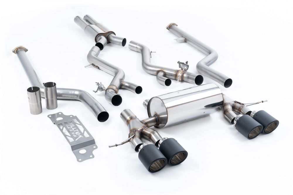 Milltek Sport exhaust system parts for 2023+ BMW 2 Series M2 Coupe (part SSXBM1315): pipework, silencers and black tailpipe tips