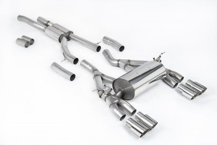 Milltek Sport exhaust system parts for 2014-2018 BMW 3 Series F80 M3 & M3 Competition Saloon (part SSXBM992): pipework, silencers and polished silver tailpipe tips