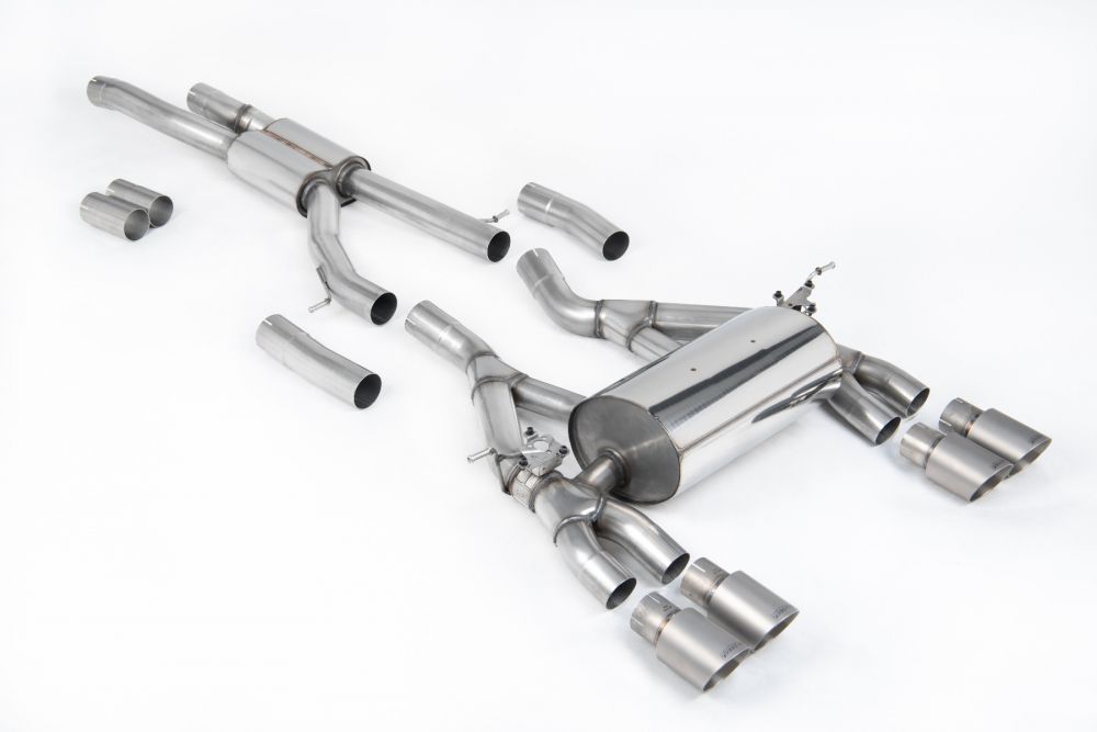 Milltek Sport exhaust system parts for 2014-2018 BMW 3 Series F80 M3 & M3 Competition Saloon (part SSXBM994): pipework, silencers and polished silver tailpipe tips