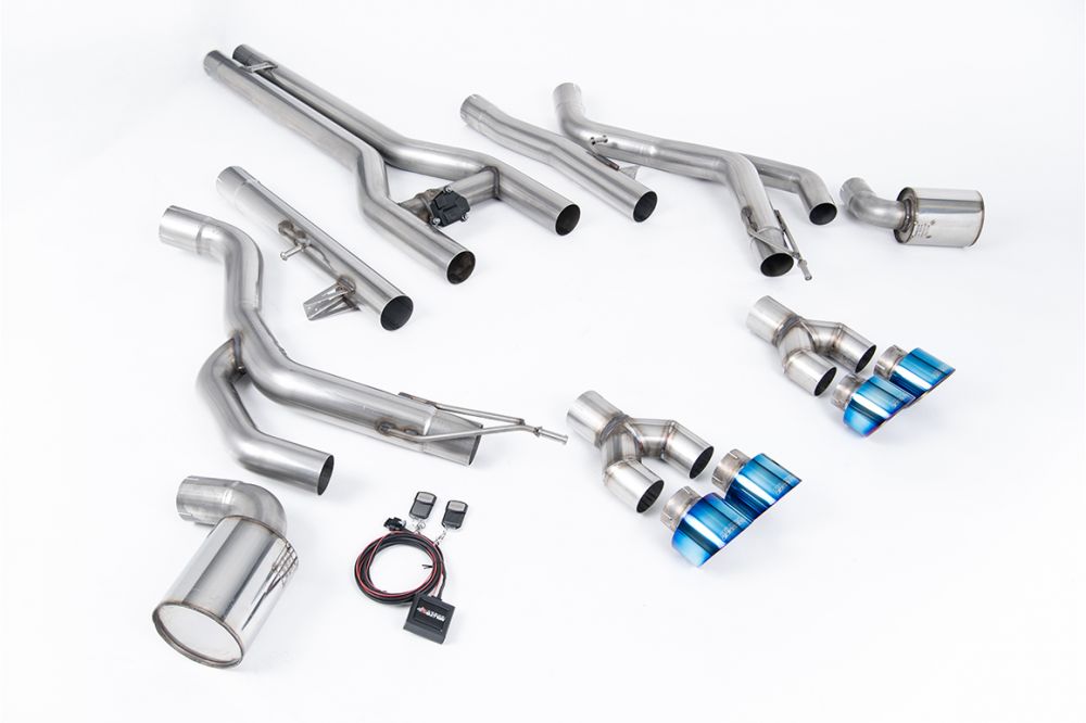 Milltek Sport exhaust system parts for 2015-2022 Dodge Challenger SRT Hellcat: pipework, silencers and burnt titanium blue tailpipe tips