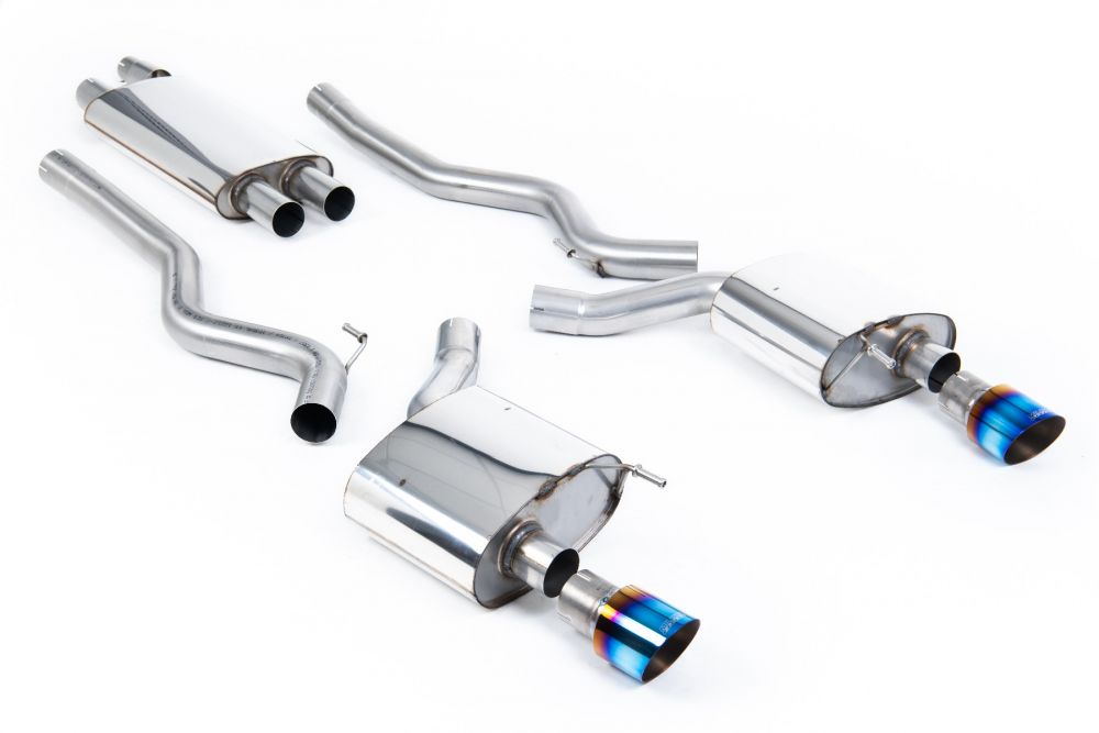 Milltek Sport exhaust system parts for 2015-2018 Ford Mustang 2.3 EcoBoost (part SSXFD225): pipework, silencers and burnt titanium blue tailpipe tips