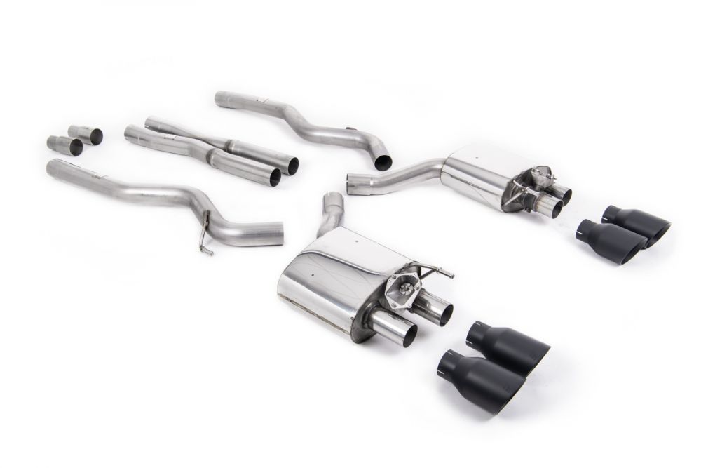 Milltek Sport exhaust system parts for 2019+ Ford Mustang 5.0 V8 GT (part SSXFD283): pipework, silencers and black tailpipe tips