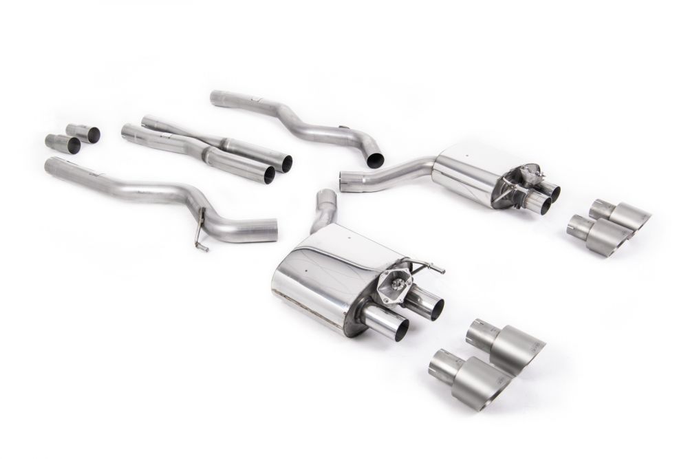 Milltek Sport exhaust system parts for 2019+ Ford Mustang 5.0 V8 GT (part SSXFD284): pipework, silencers and polished silver tailpipe tips