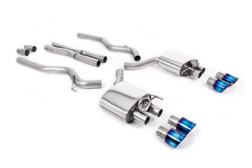 Milltek Sport exhaust system parts for 2019+ Ford Mustang 5.0 V8 GT (part SSXFD285): pipework, silencers and burnt titanium blue tailpipe tips