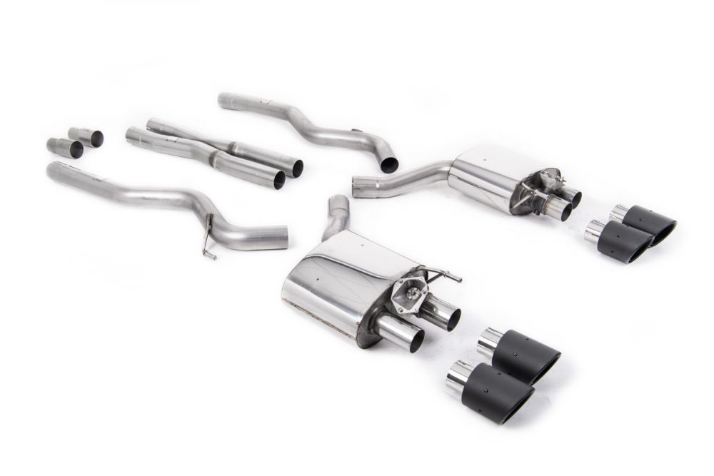 Milltek Sport exhaust system parts for 2019+ Ford Mustang 5.0 V8 GT (part SSXFD286): pipework, silencers and black tailpipe tips