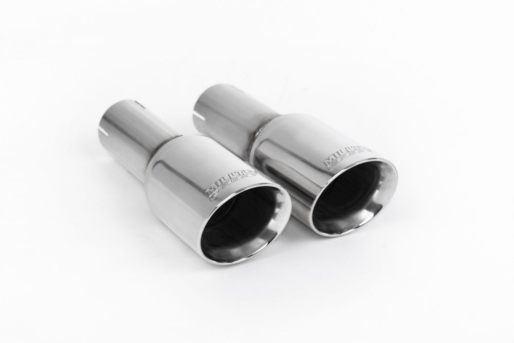 Close-up of polished silver Milltek Sport exhaust tips for the 2014+ Ford Fiesta Mk7 ST 1.6 EcoBoost (part SSXFD329)