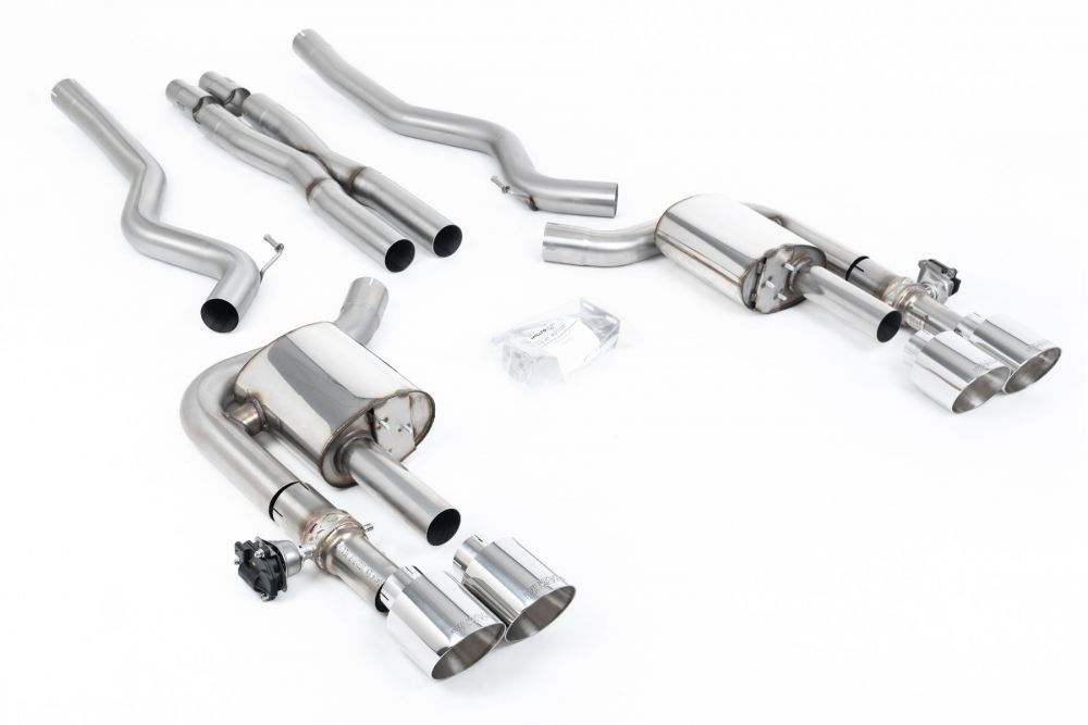 Milltek Sport exhaust system parts for 2021-2023 Ford Mustang 5.0 V8 Mach 1 (part SSXFD416): pipework, silencers and polished silver tailpipe tips