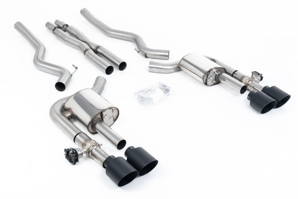 Milltek Sport exhaust system parts for 2024+ Ford Mustang 5.0 V8 Dark Horse (part SSXFD417): pipework, silencers and black tailpipe tips