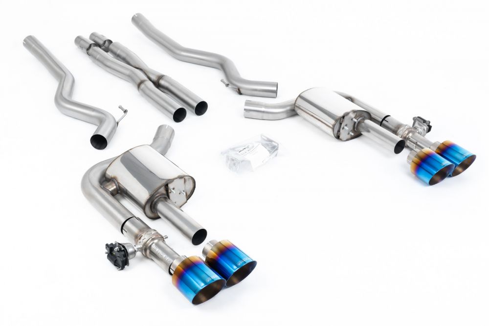 Milltek Sport exhaust system parts for 2024+ Ford Mustang 5.0 V8 Dark Horse (part SSXFD419): pipework, silencers and burnt titanium blue tailpipe tips