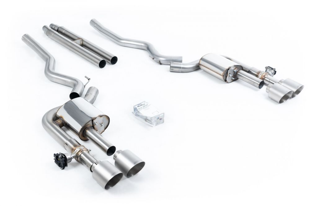 Milltek Sport exhaust system parts for 2024+ Ford Mustang 5.0 V8 Dark Horse (part SSXFD422): pipework, silencers and black tailpipe tips