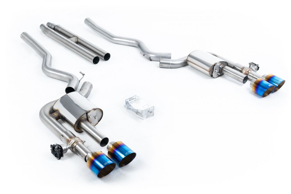Milltek Sport exhaust system parts for 2021-2023 Ford Mustang 5.0 V8 Mach 1 (part SSXFD423): pipework, silencers and burnt titanium blue tailpipe tips