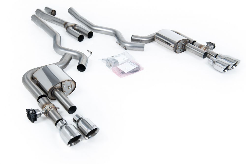 Milltek Sport exhaust system parts for 2024+ Ford Mustang 2.3 EcoBoost (part SSXFD441): pipework, silencers and black tailpipe tips