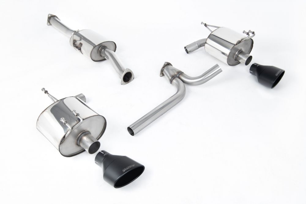 Milltek Sport exhaust system parts for 2004-2009 Honda S2000 2.0 and 2.2 litre AP2 (part SSXHO270): pipework, silencers and black tailpipe tips