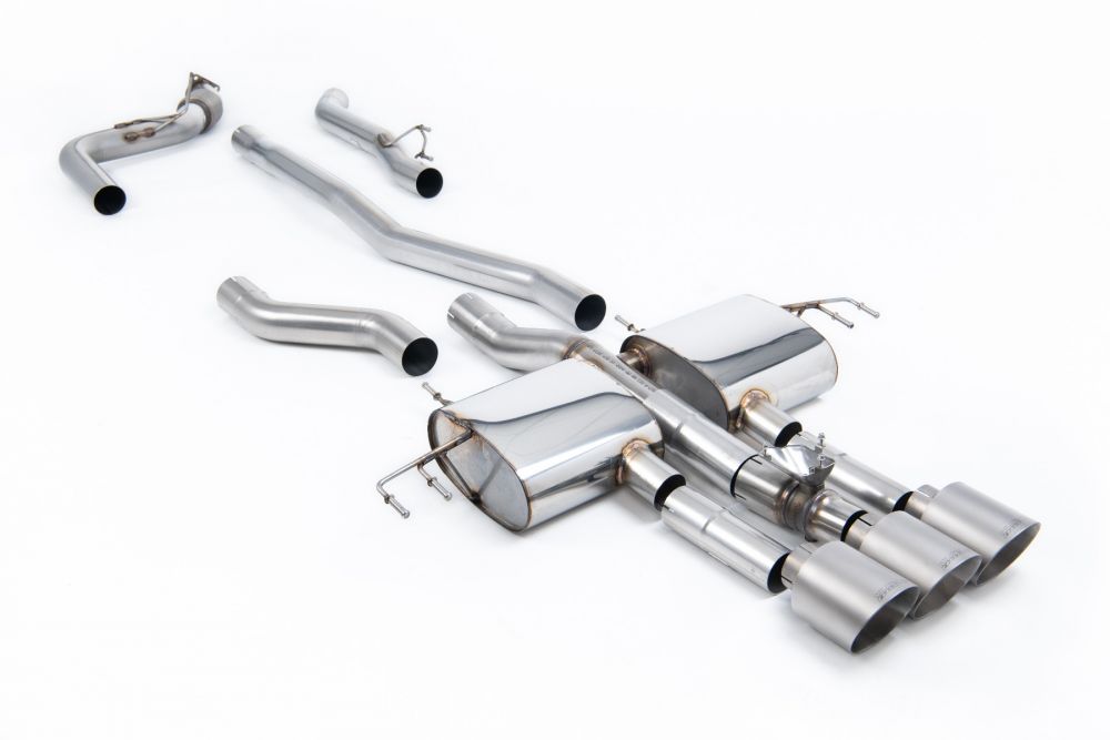 Milltek Sport exhaust system parts for 2023+ Acura Integra Type S 2.0 Turbo 320hp (part SSXHO307): pipework, silencers and polished silver tailpipe tips