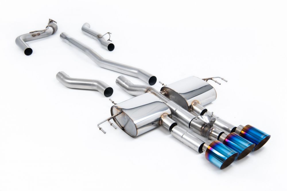 Milltek Sport exhaust system parts for 2023+ Acura Integra Type S 2.0 Turbo 320hp (part SSXHO308): pipework, silencers and burnt titanium blue tailpipe tips