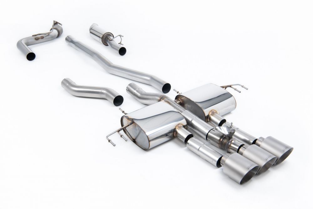 Milltek Sport exhaust system parts for 2023+ Acura Integra Type S 2.0 Turbo 320hp (part SSXHO317): pipework, silencers and polished silver tailpipe tips