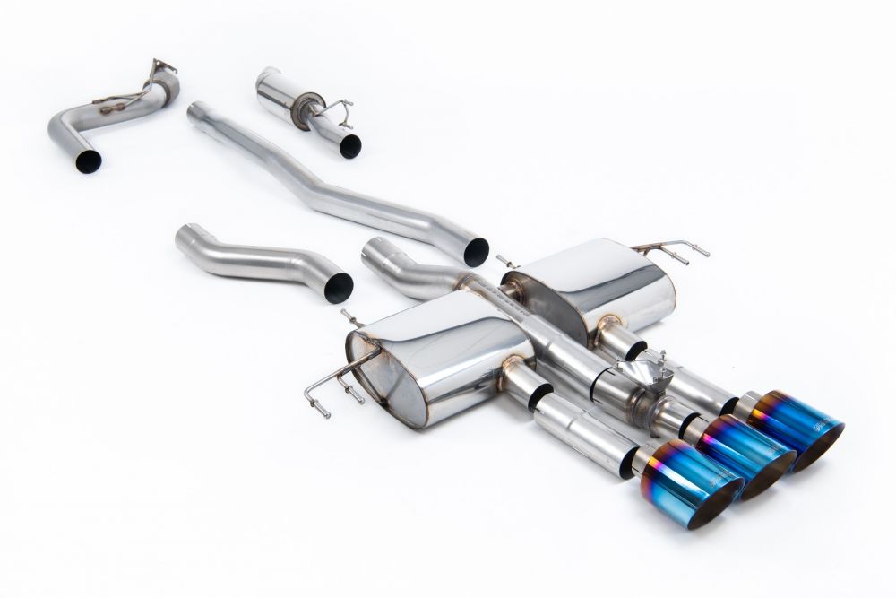 Milltek Sport exhaust system parts for 2023+ Acura Integra Type S 2.0 Turbo 320hp (part SSXHO318): pipework, silencers and burnt titanium blue tailpipe tips