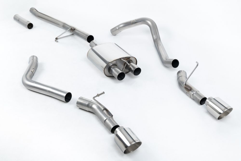 Milltek Sport exhaust system parts for 2020+ Jeep Gladiator 3.6 V6 (part SSXJP101): pipework, silencers and black tailpipe tips