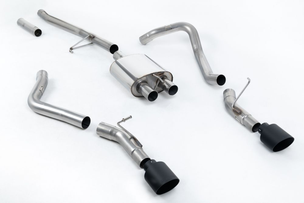 Milltek Sport exhaust system parts for 2020+ Jeep Gladiator 3.6 V6 (part SSXJP102): pipework, silencers and black tailpipe tips