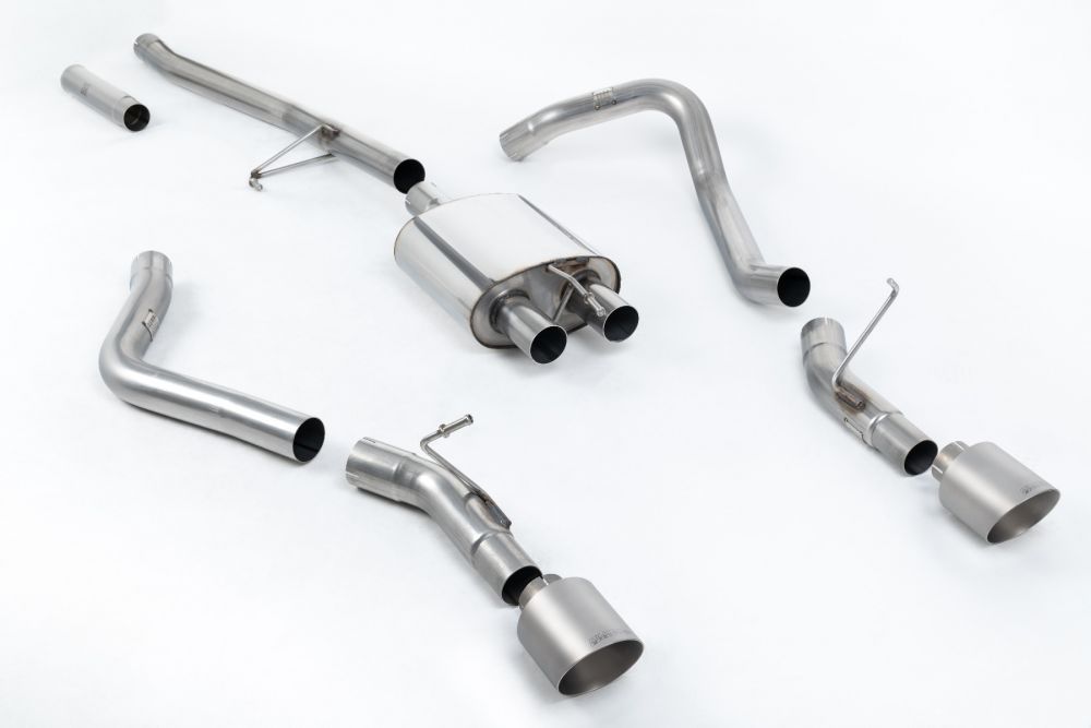 Milltek Sport exhaust system parts for 2020+ Jeep Gladiator 3.6 V6 (part SSXJP103): pipework, silencers and black tailpipe tips