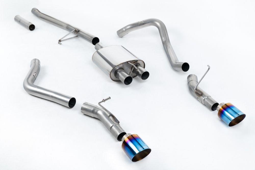 Milltek Sport exhaust system parts for 2020+ Jeep Gladiator 3.6 V6 (part SSXJP104): pipework, silencers and burnt titanium blue tailpipe tips