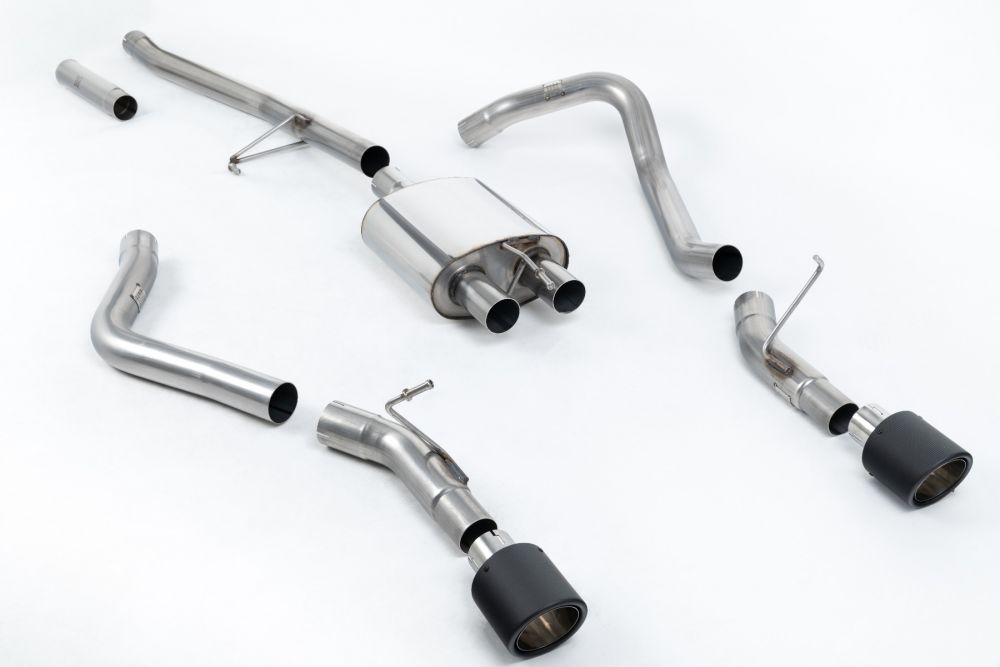 Milltek Sport exhaust system parts for 2020+ Jeep Gladiator 3.6 V6 (part SSXJP105): pipework, silencers and black tailpipe tips