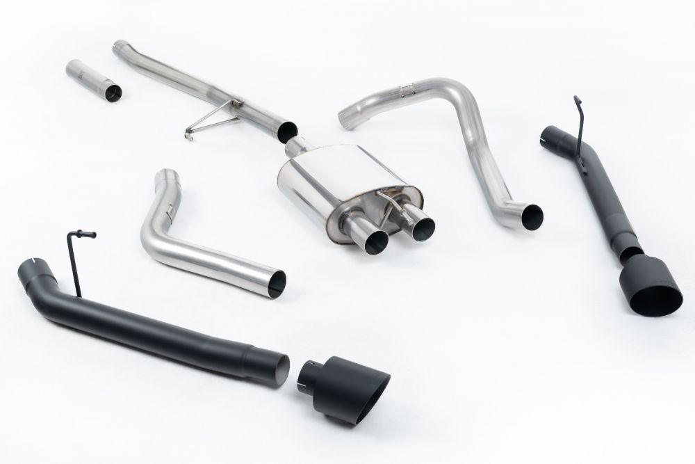 Milltek Sport exhaust system parts for 2020+ Jeep Gladiator 3.6 V6 (part SSXJP107): pipework, silencers and black tailpipe tips