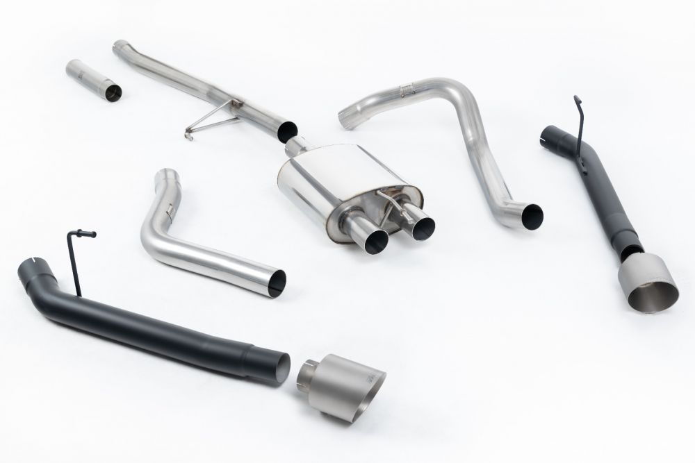 Milltek Sport exhaust system parts for 2020+ Jeep Gladiator 3.6 V6 (part SSXJP108): pipework, silencers and black tailpipe tips