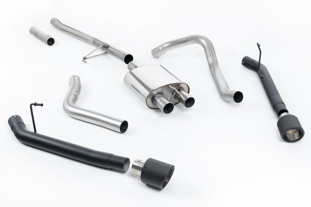 Milltek Sport exhaust system parts for 2020+ Jeep Gladiator 3.6 V6 (part SSXJP110): pipework, silencers and black tailpipe tips