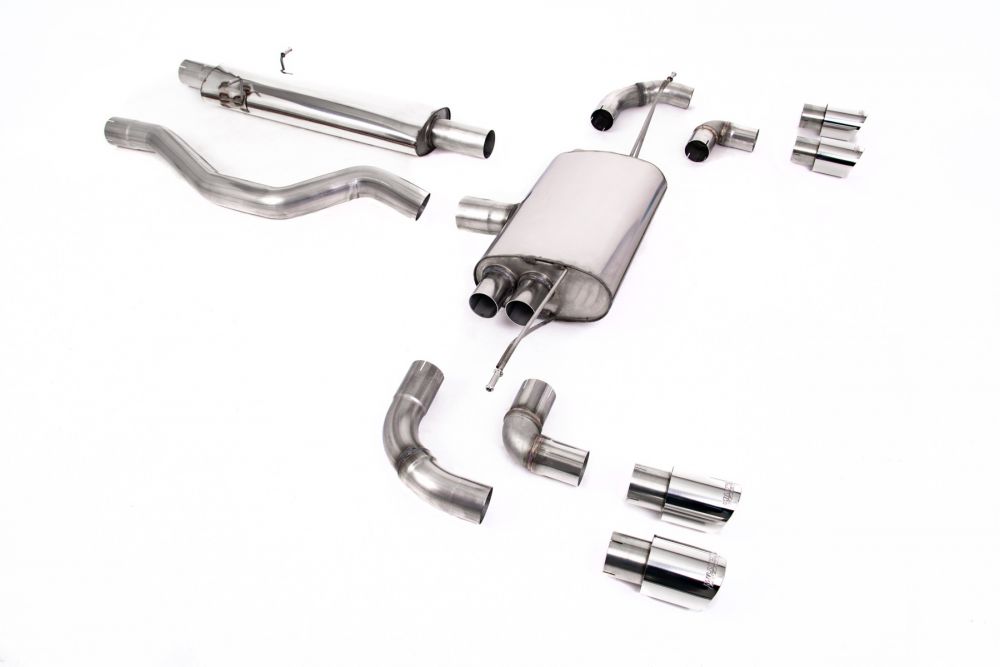 Milltek Sport exhaust system parts for 2020+ Land Rover Defender 110 3.0 I6 P400 (part SSXLR100): pipework, silencers and polished silver tailpipe tips