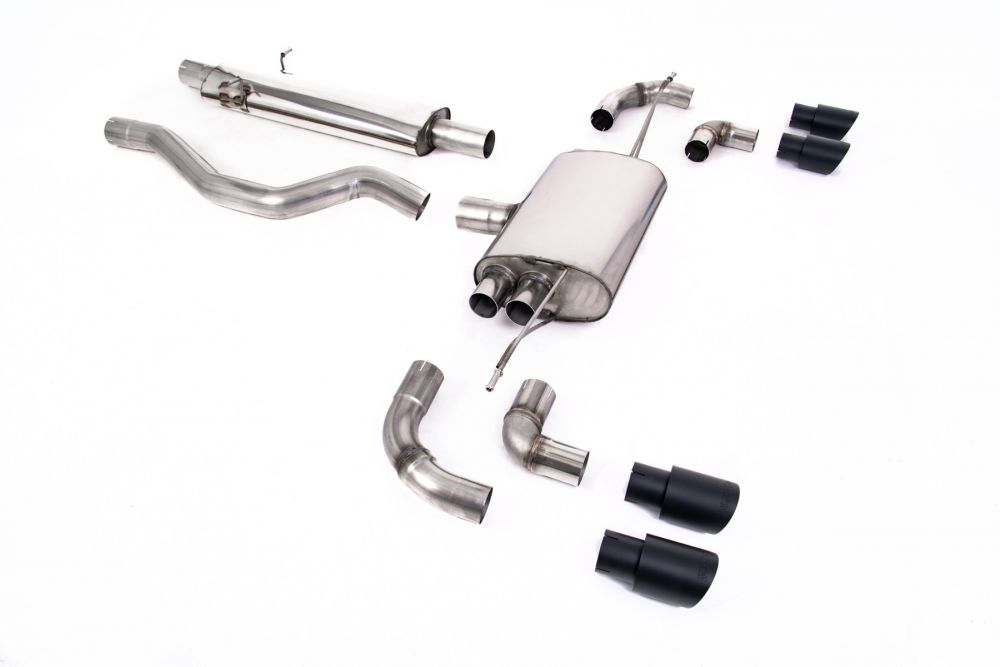 Milltek Sport exhaust system parts for 2020+ Land Rover Defender 110 3.0 I6 P400 (part SSXLR101): pipework, silencers and black tailpipe tips