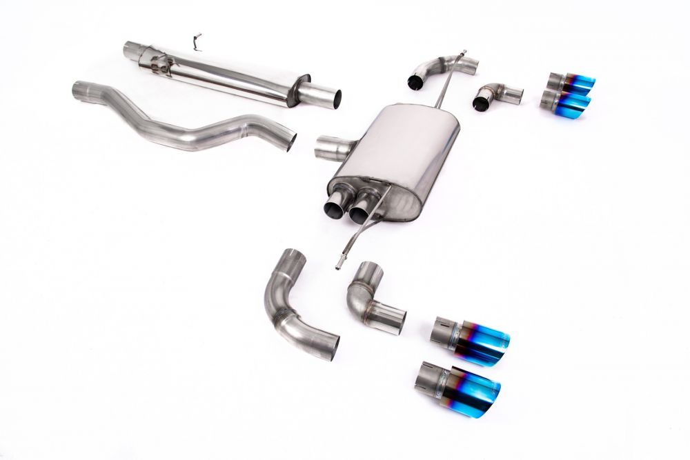 Milltek Sport exhaust system parts for 2020+ Land Rover Defender 110 3.0 I6 P400 (part SSXLR103): pipework, silencers and burnt titanium blue tailpipe tips
