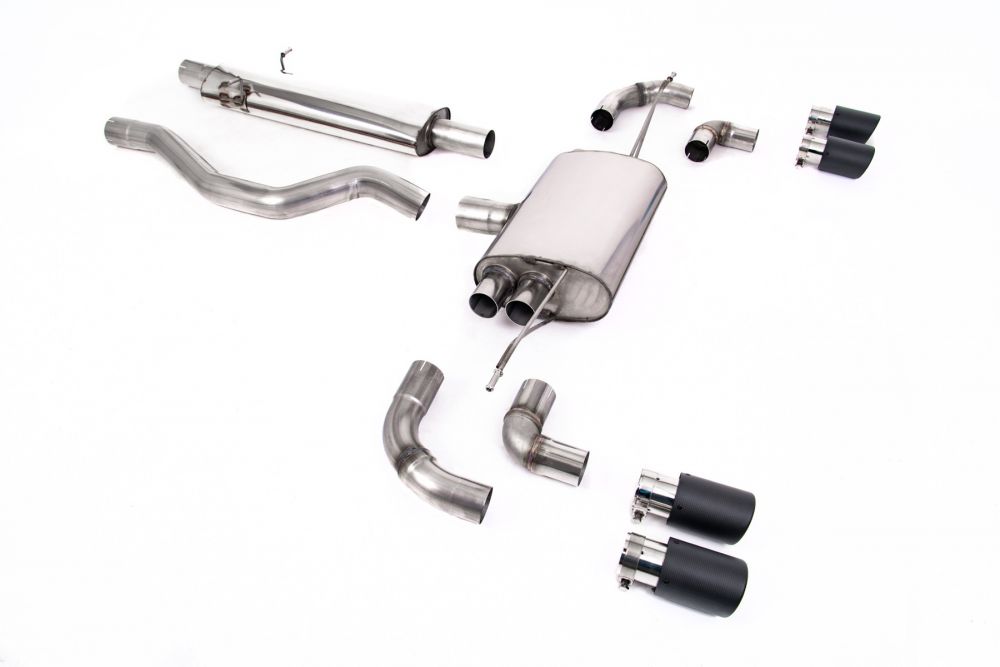 Milltek Sport exhaust system parts for 2020+ Land Rover Defender 110 3.0 I6 P400 (part SSXLR104): pipework, silencers and black tailpipe tips