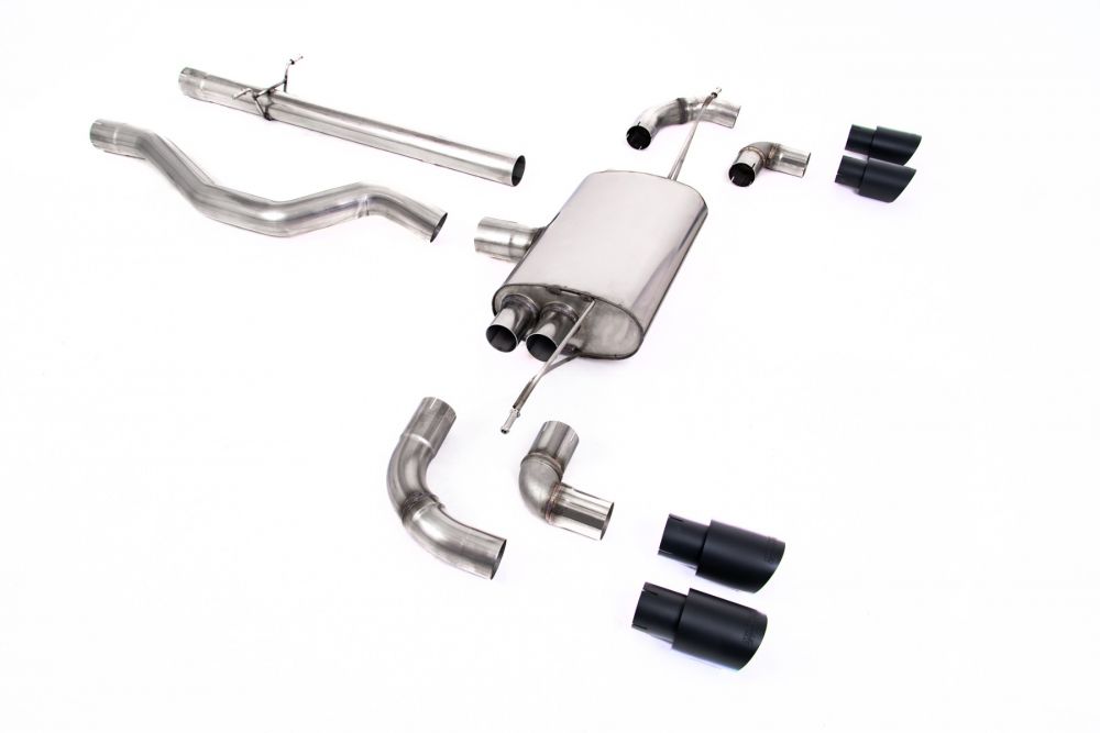 Milltek Sport exhaust system parts for 2020+ Land Rover Defender 110 3.0 I6 P400 (part SSXLR106): pipework, silencers and black tailpipe tips