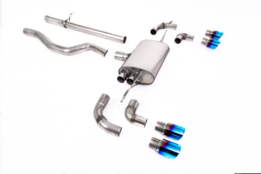 Milltek Sport exhaust system parts for 2020+ Land Rover Defender 110 3.0 I6 P400 (part SSXLR108): pipework, silencers and burnt titanium blue tailpipe tips