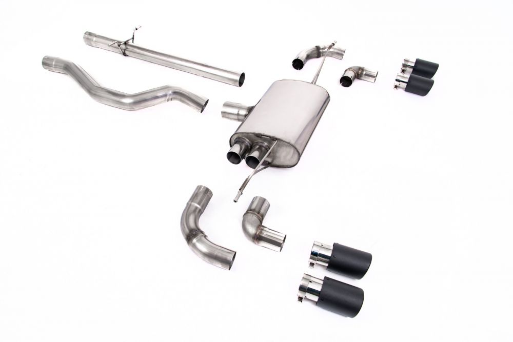 Milltek Sport exhaust system parts for 2020+ Land Rover Defender 110 3.0 I6 P400 (part SSXLR109): pipework, silencers and black tailpipe tips