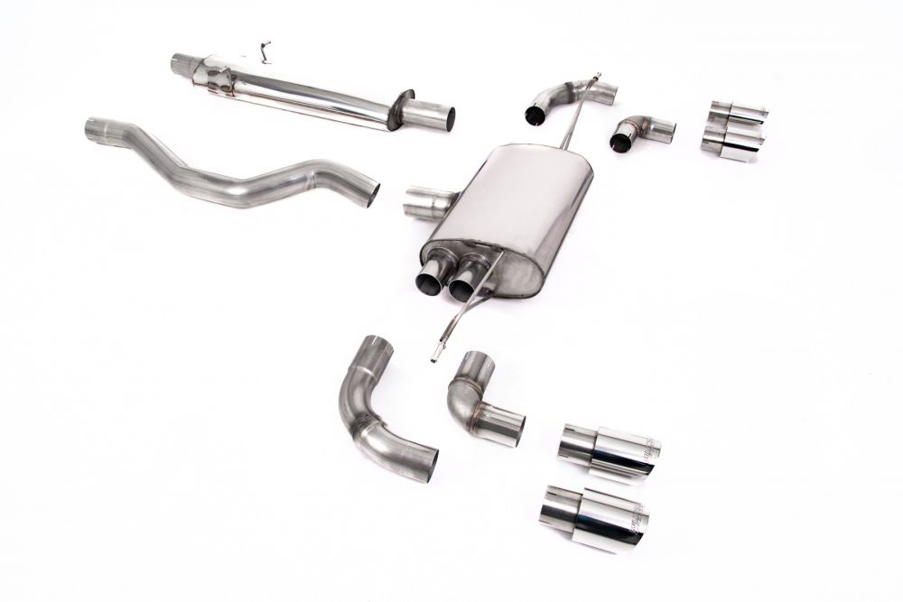 Milltek Sport exhaust system parts for 2020+ Land Rover Defender 110 2.0 I4 P300 & P400e (part SSXLR130): pipework, silencers and polished silver tailpipe tips